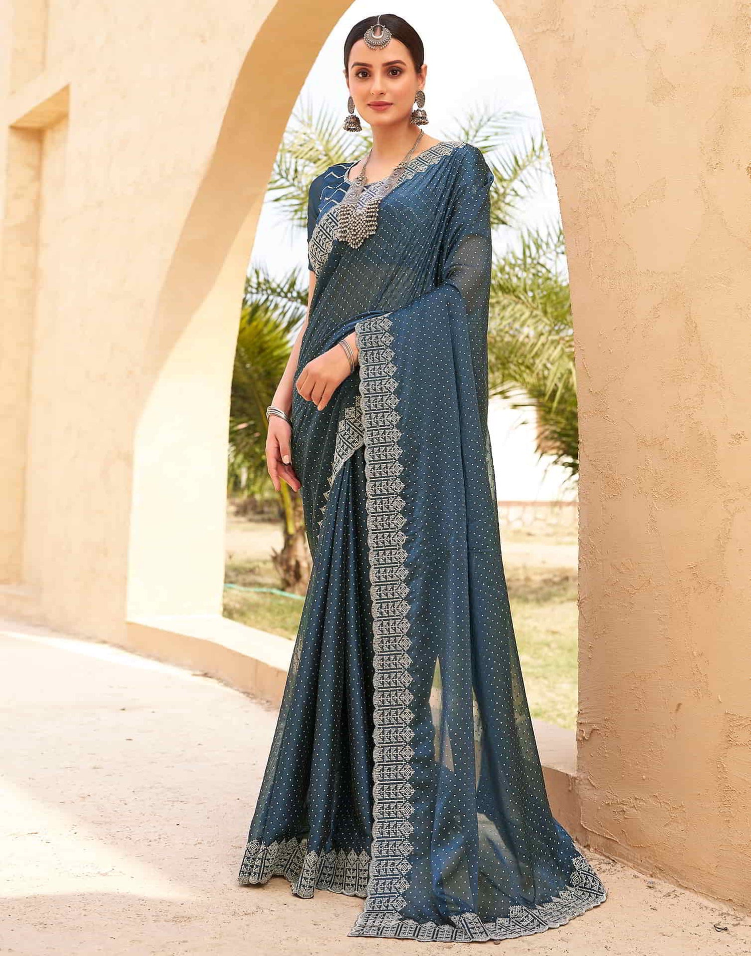 Blue Swarovski Georgette Embroidery Saree