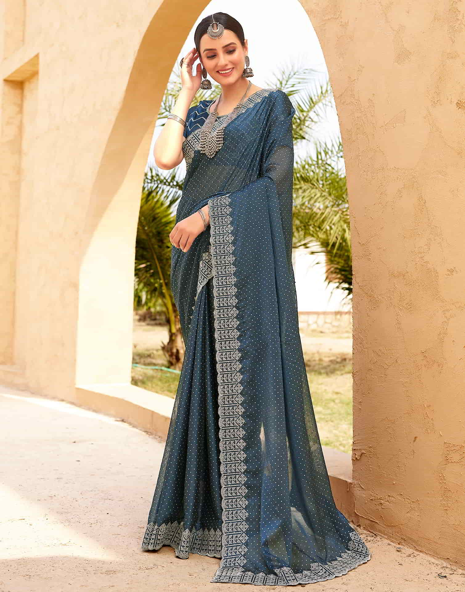 Blue Swarovski Georgette Embroidery Saree