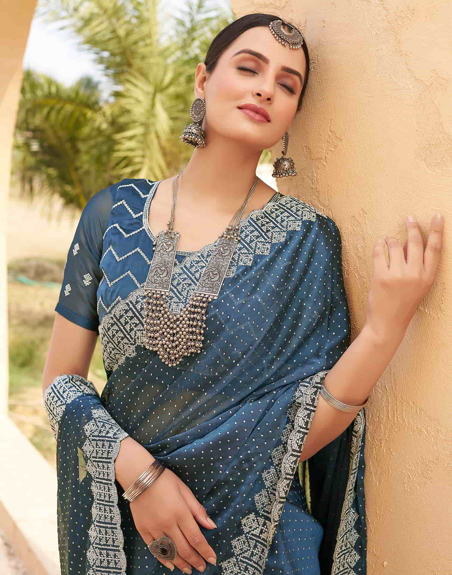 Blue Swarovski Georgette Embroidery Saree