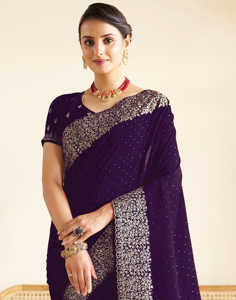 Deep Purple Kanjivaram Embellished Silk Saree