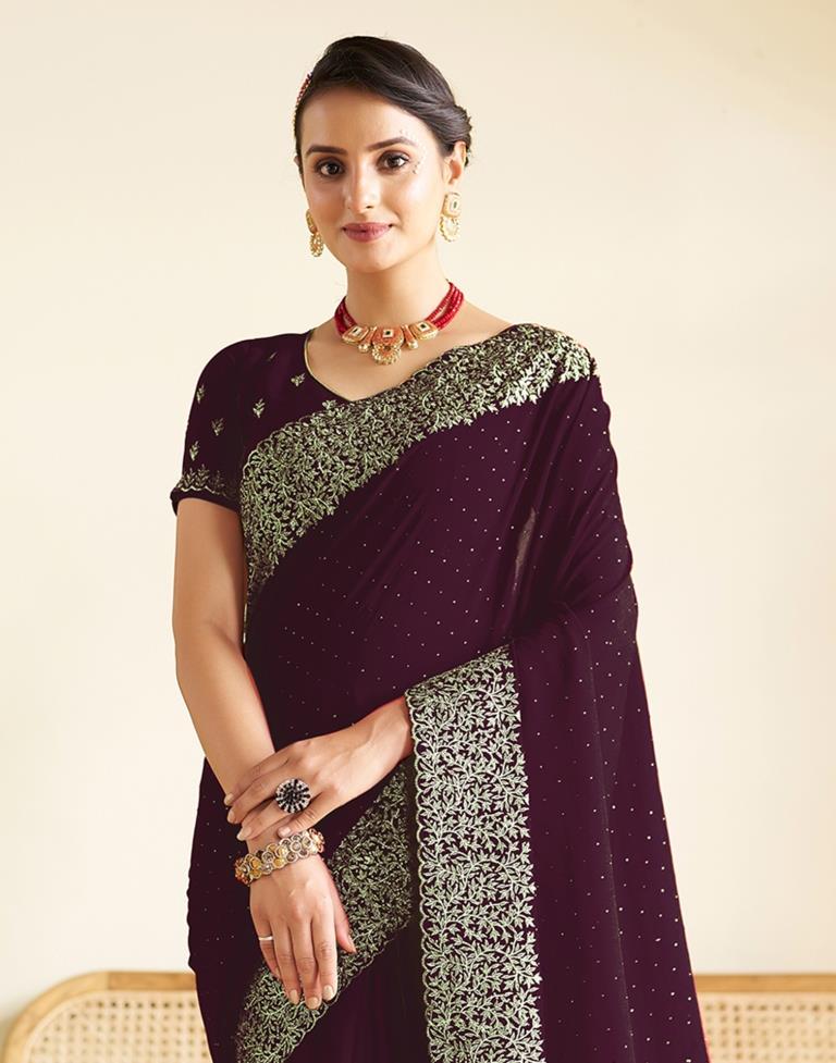 Wine Kanjivaram Embellished Silk Saree