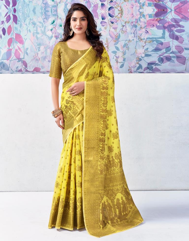 Yellow &amp; Golden Silk Plain Saree