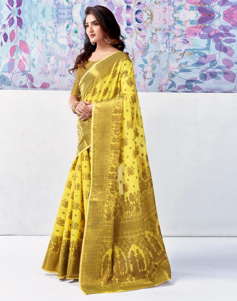 Yellow &amp; Golden Silk Plain Saree