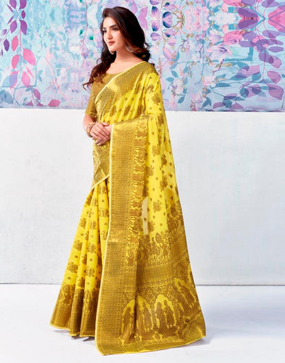 Yellow &amp; Golden Silk Plain Saree