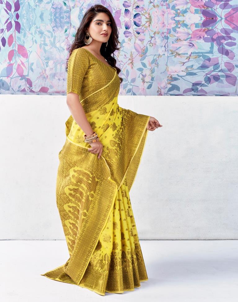 Yellow &amp; Golden Silk Plain Saree