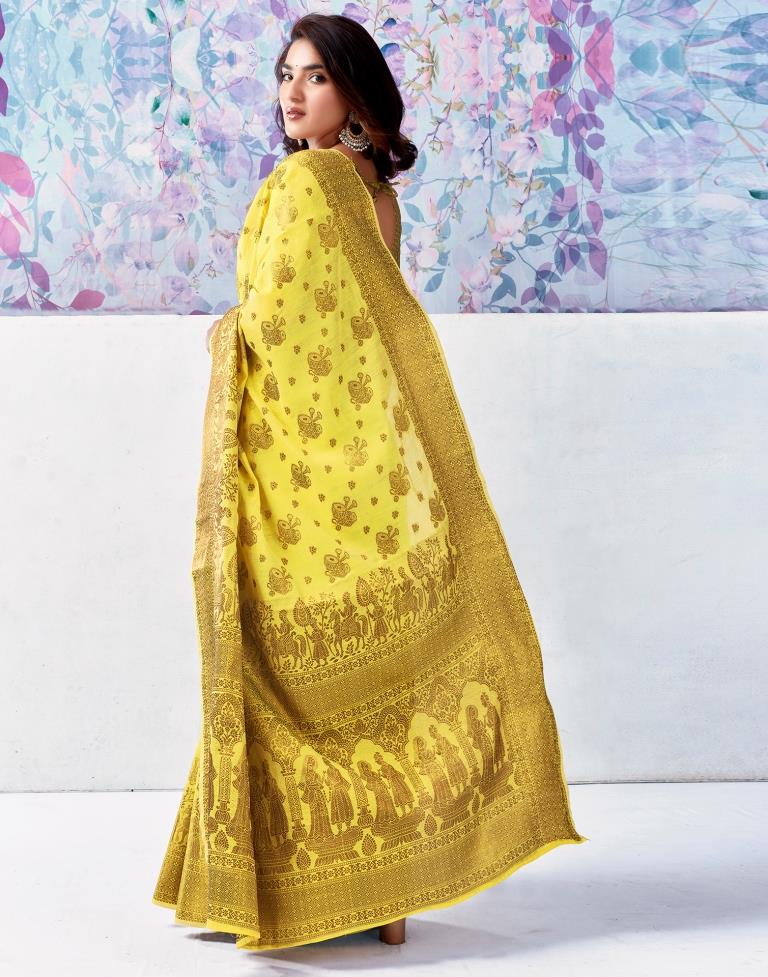 Yellow &amp; Golden Silk Plain Saree