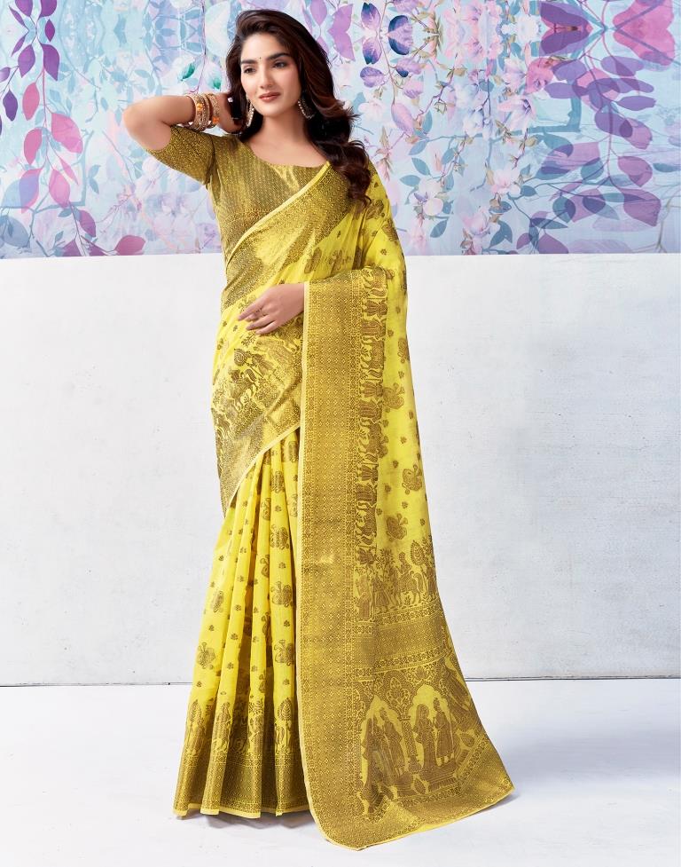 Yellow &amp; Golden Silk Plain Saree