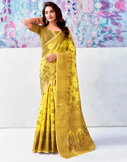 Yellow &amp; Golden Silk Plain Saree