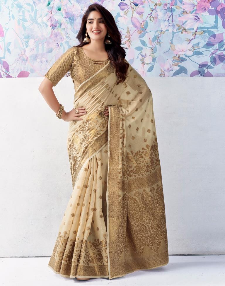 Beige Silk Jacquard Saree