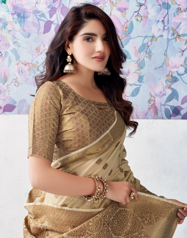 Beige Silk Jacquard Saree