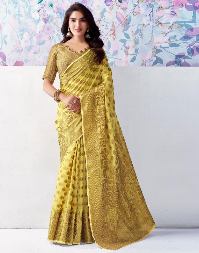 Yellow &amp; Gold Printed Silk Plain Saree