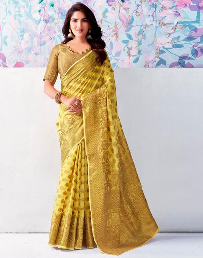 Yellow &amp; Gold Printed Silk Plain Saree