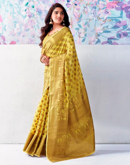 Yellow &amp; Gold Printed Silk Plain Saree