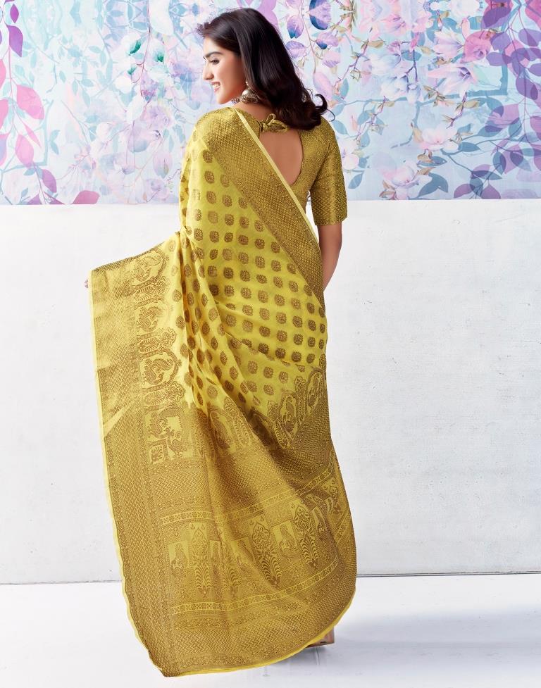 Yellow &amp; Gold Printed Silk Plain Saree