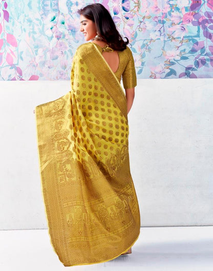 Yellow &amp; Gold Printed Silk Plain Saree