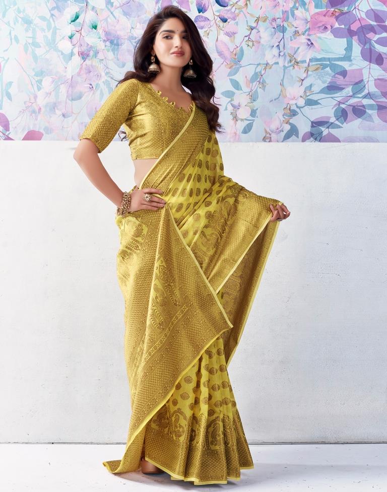 Yellow &amp; Gold Printed Silk Plain Saree