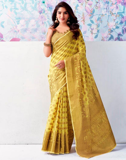 Yellow &amp; Gold Printed Silk Plain Saree