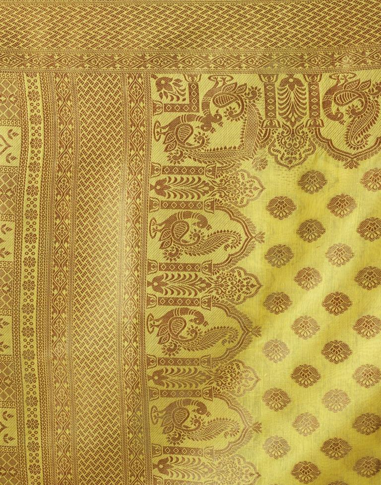 Yellow &amp; Gold Printed Silk Plain Saree