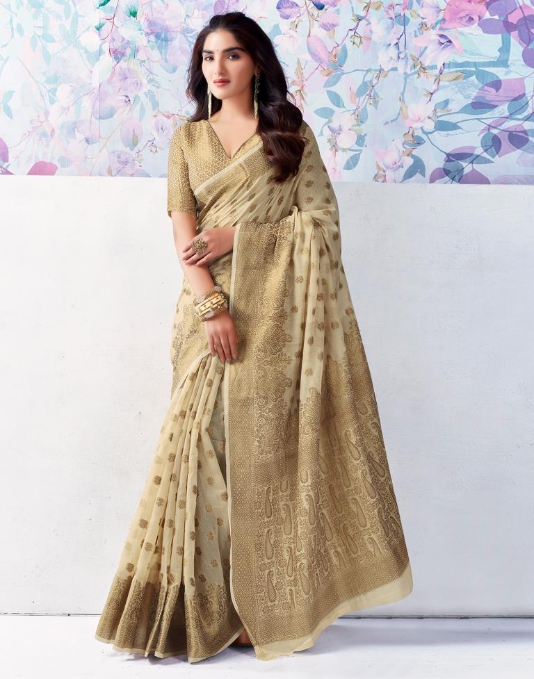 Beige Silk Jacquard Saree