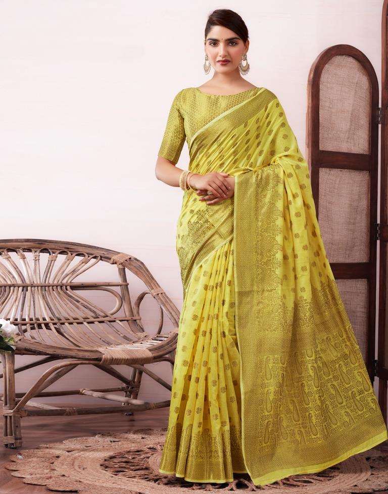 Yellow &amp; Gold Printed Silk Jacquard Saree