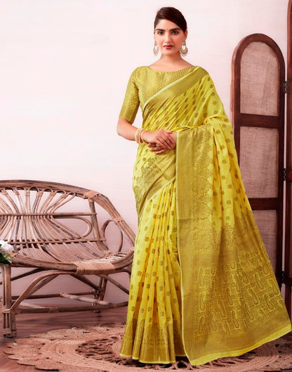 Yellow &amp; Gold Printed Silk Jacquard Saree