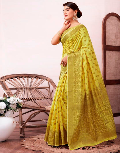 Yellow &amp; Gold Printed Silk Jacquard Saree