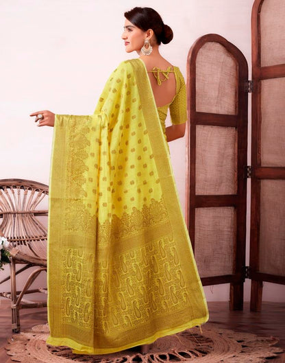 Yellow &amp; Gold Printed Silk Jacquard Saree