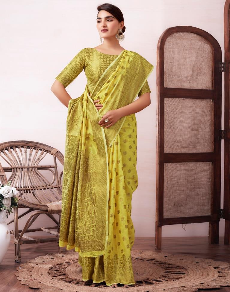 Yellow &amp; Gold Printed Silk Jacquard Saree