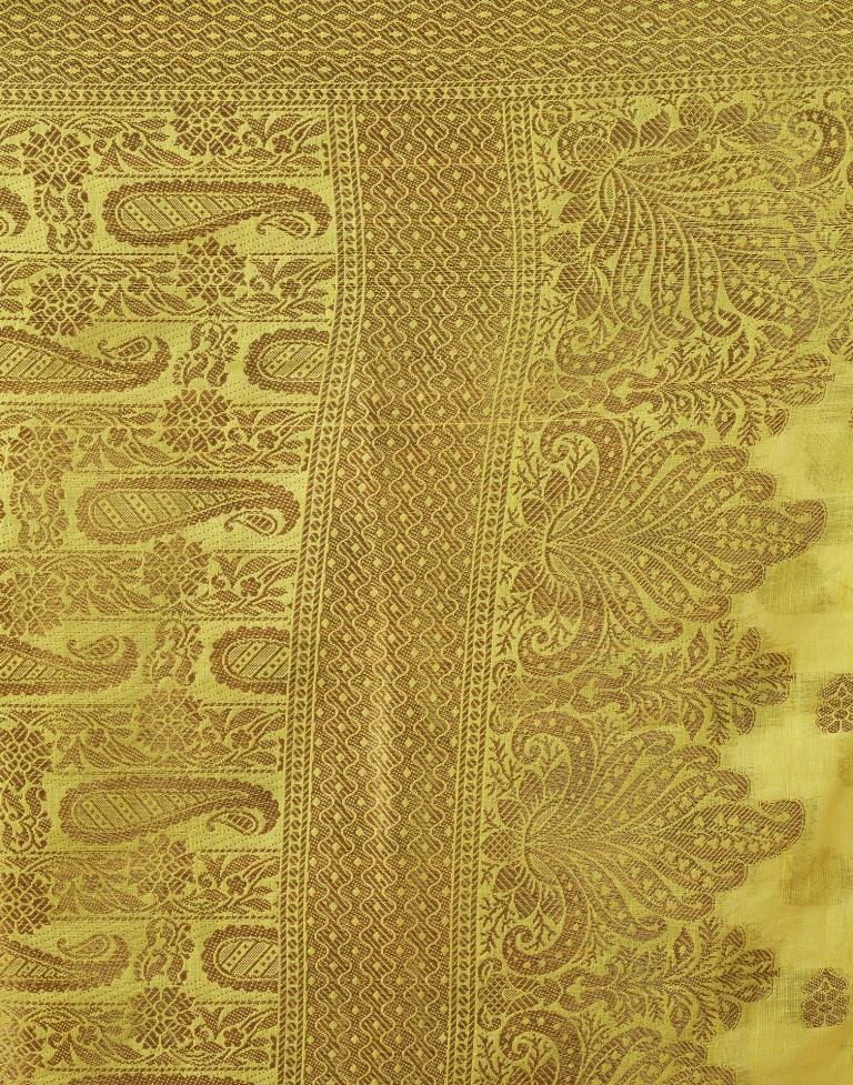 Yellow &amp; Gold Printed Silk Jacquard Saree