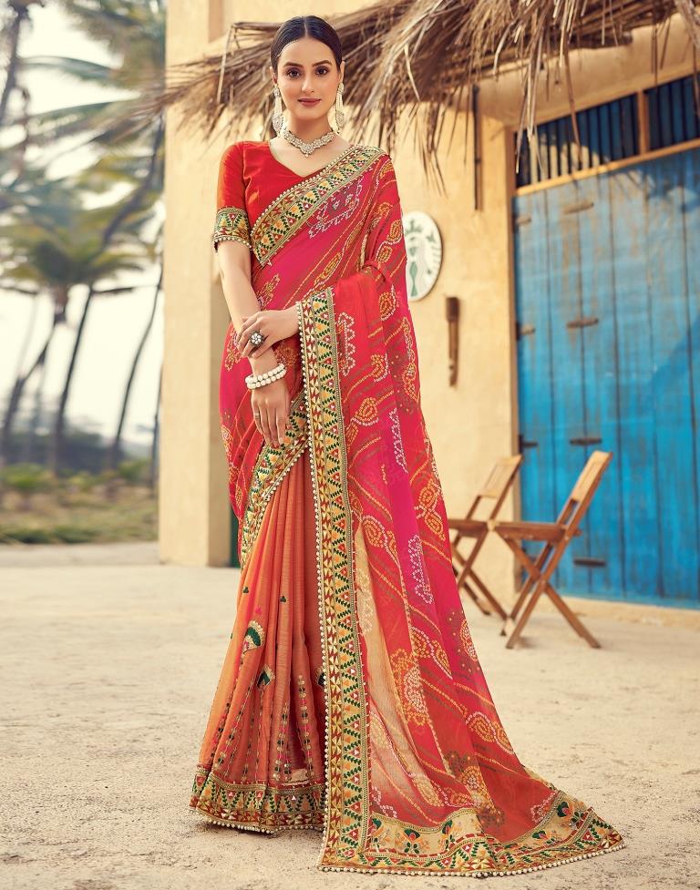 Dusty Red Chiffon Printed  Saree