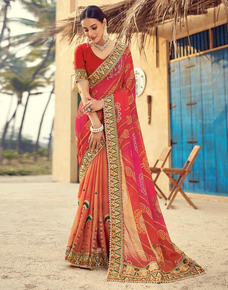 Dusty Red Chiffon Printed  Saree