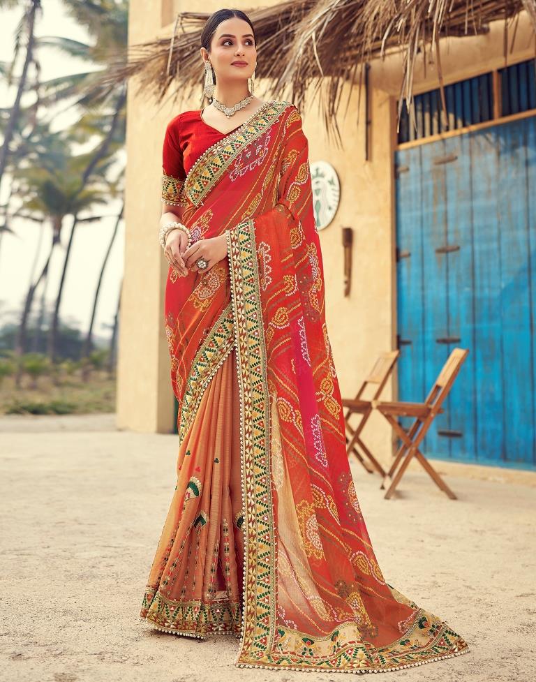 Dusty Red Chiffon Printed  Saree