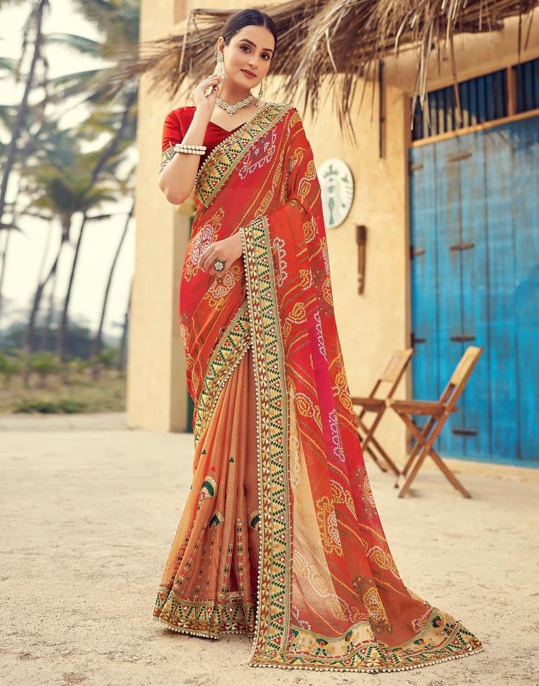 Dusty Red Chiffon Printed  Saree