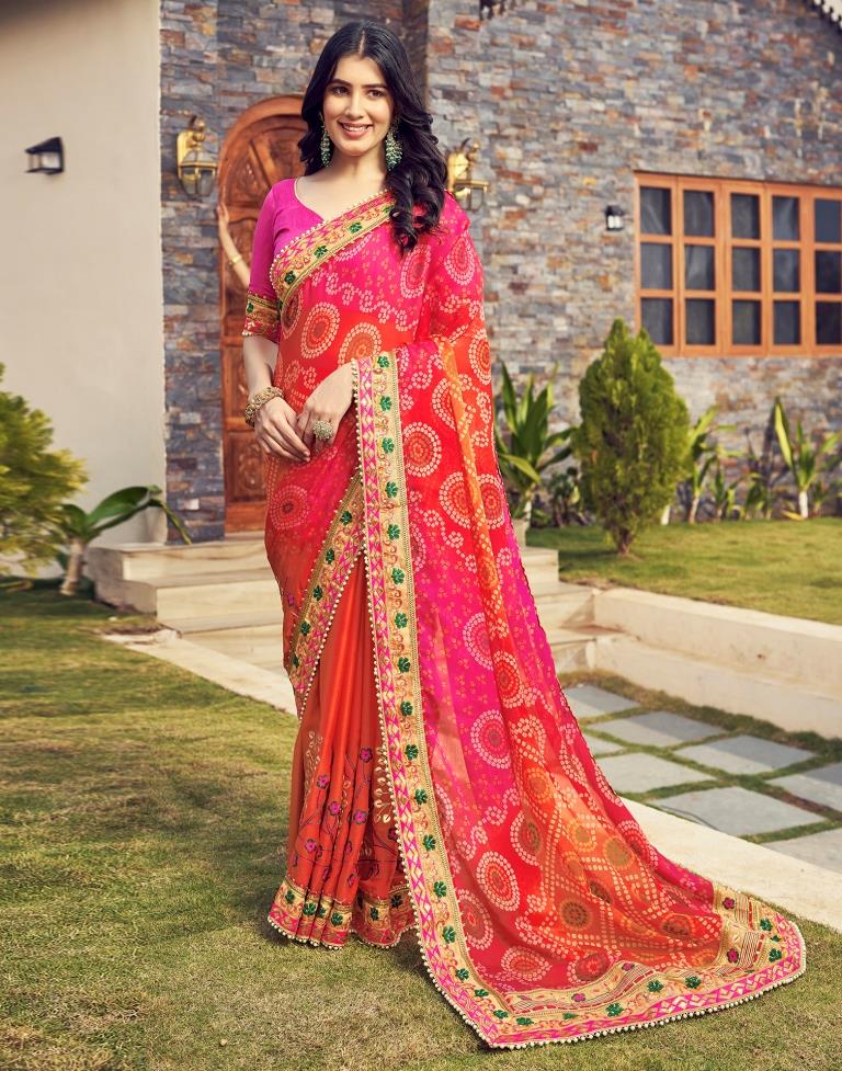 Dark Orange Chiffon Printed  Saree