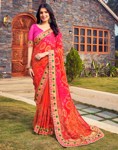 Dark Orange Chiffon Printed  Saree