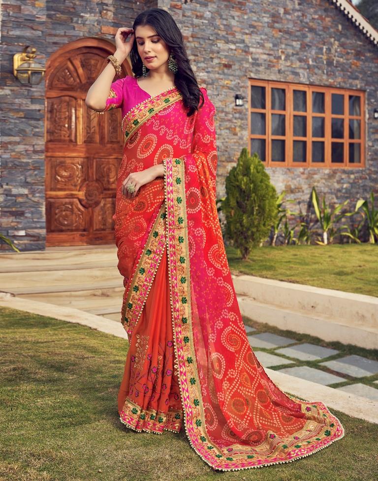 Dark Orange Chiffon Printed  Saree