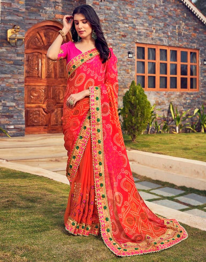 Dark Orange Chiffon Printed  Saree