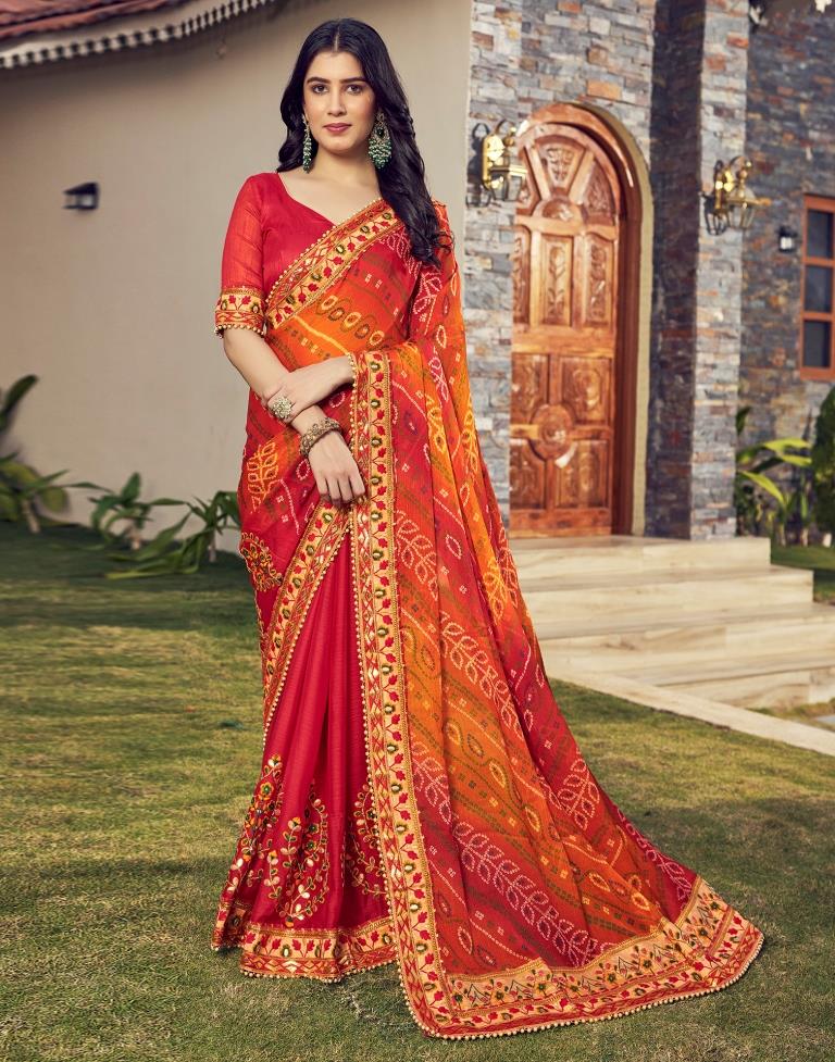 Red Chiffon Printed  Saree