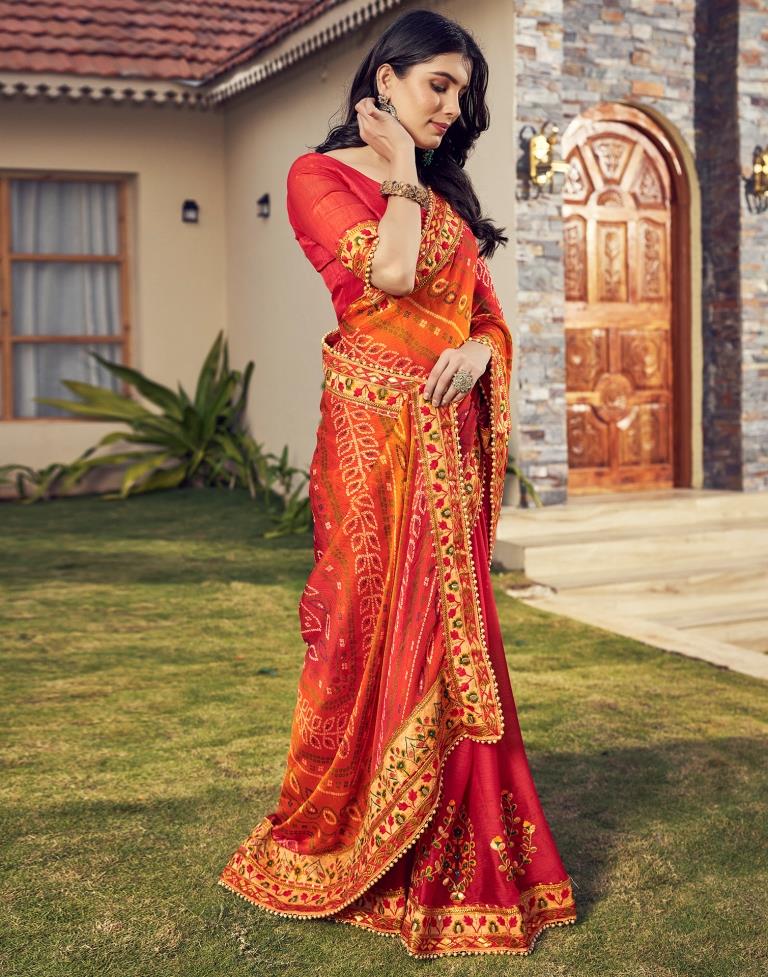 Red Chiffon Printed  Saree