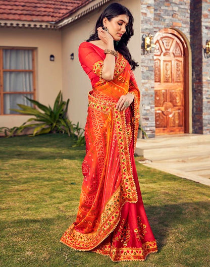 Red Chiffon Printed  Saree