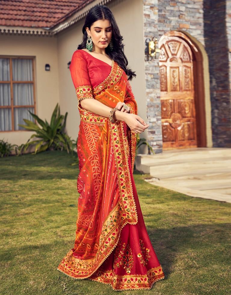 Red Chiffon Printed  Saree