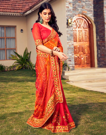 Red Chiffon Printed  Saree