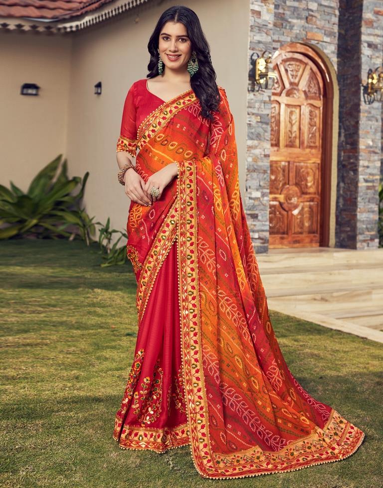 Red Chiffon Printed  Saree