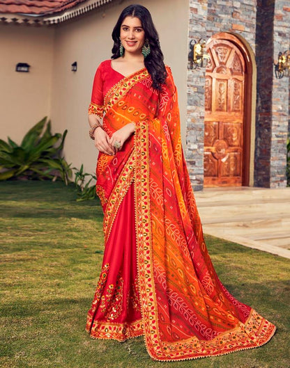 Red Chiffon Printed  Saree