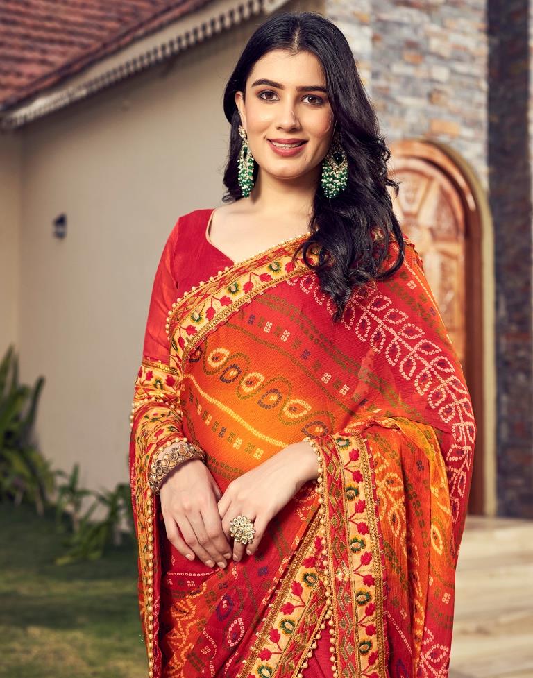 Red Chiffon Printed  Saree