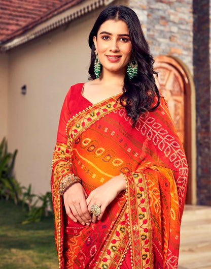 Red Chiffon Printed  Saree