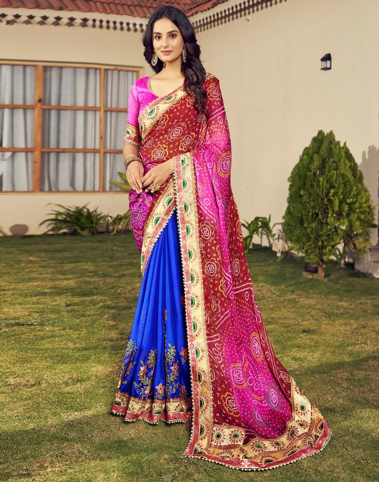 Maroon &amp; Multicoloured Chiffon Printed  Saree