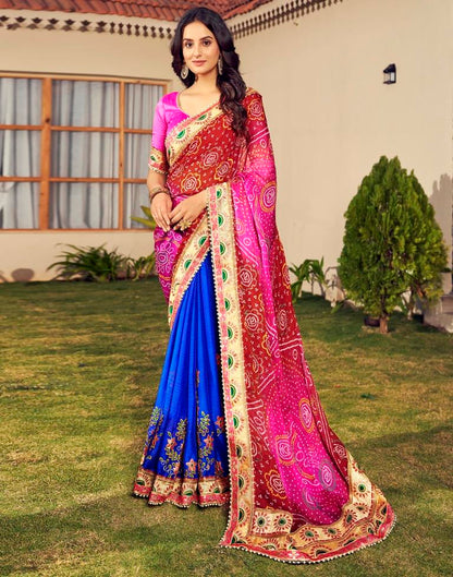 Maroon &amp; Multicoloured Chiffon Printed  Saree