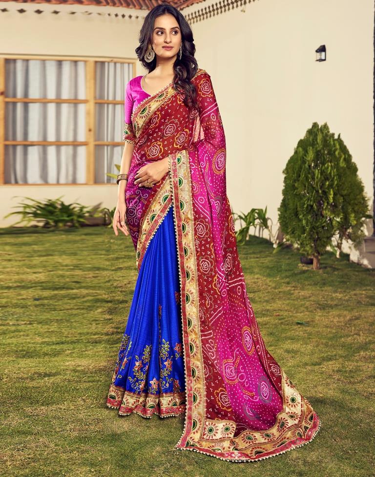 Maroon &amp; Multicoloured Chiffon Printed  Saree