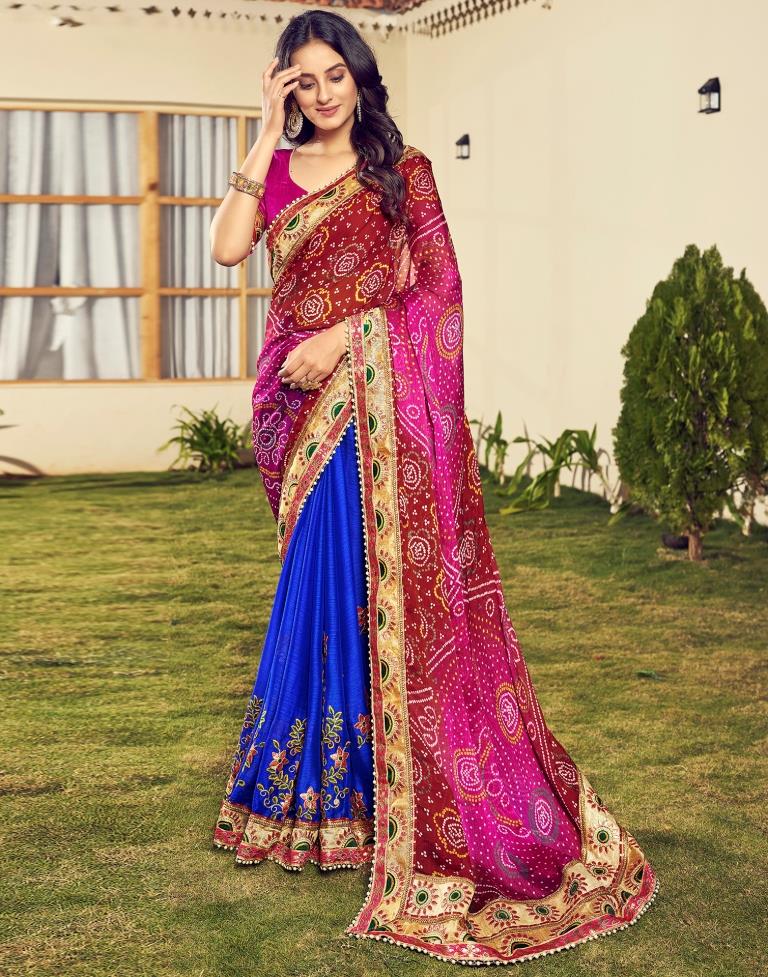 Maroon &amp; Multicoloured Chiffon Printed  Saree